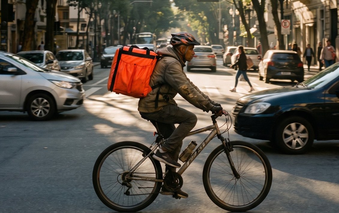 Entregador de bicicleta com mochila de entrega